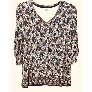 WESTPORT1962 LONG SLV PULL-OVER V-NECK TOP, WOMENS, 2X, TAN BLUE PURPLE LEAF
